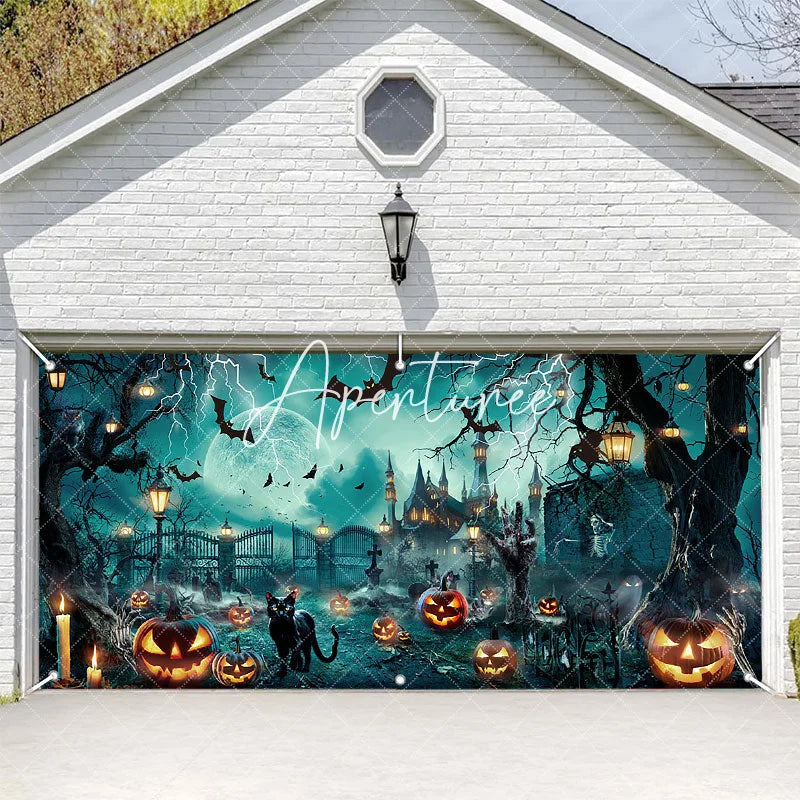 Aperturee - Aperturee Spooky Halloween Haunted Castle Garage Door Banner with Full Moon Lightning Bats and Jack-o’-Lanterns Party Decor