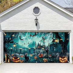 Aperturee - Aperturee Spooky Halloween Haunted Castle Garage Door Banner with Full Moon Lightning Bats and Jack-o’-Lanterns Party Decor