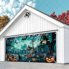 Aperturee - Aperturee Spooky Halloween Haunted Castle Garage Door Banner with Full Moon Lightning Bats and Jack-o’-Lanterns Party Decor