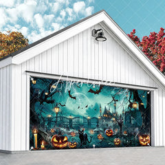 Aperturee - Aperturee Spooky Halloween Haunted Castle Garage Door Banner with Full Moon Lightning Bats and Jack-o’-Lanterns Party Decor