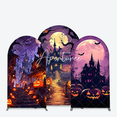 Aperturee - Aperturee Spooky Halloween Haunted House and Full Moon Arch Backdrop Kit Purple Orange Night Party Decor