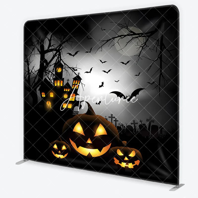 Aperturee - Aperturee Spooky Halloween Haunted House Square Double-Sided Backdrop Jack-o’-Lanterns Night Party Decor