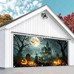 Aperturee - Aperturee Spooky Halloween Haunted Mansion and Graveyard Garage Door Banner with Jack-o’-Lanterns Ghosts and Bats Decor