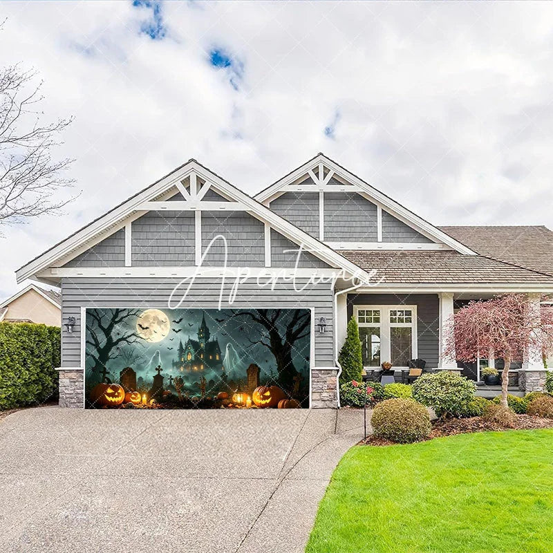 Aperturee - Aperturee Spooky Halloween Haunted Mansion and Graveyard Garage Door Banner with Jack-o’-Lanterns Ghosts and Bats Decor