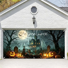 Aperturee - Aperturee Spooky Halloween Haunted Mansion and Graveyard Garage Door Banner with Jack-o’-Lanterns Ghosts and Bats Decor