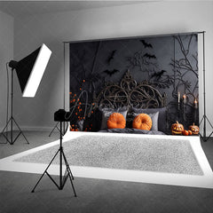 Aperturee Aperturee Spooky Halloween Headboard Photography Backdrop Gothic Bed with Black Branches and Bats Moody Bedroom Photo Prop