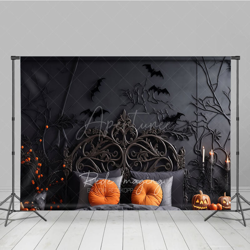 Aperturee Aperturee Spooky Halloween Headboard Photography Backdrop Gothic Bed with Black Branches and Bats Moody Bedroom Photo Prop