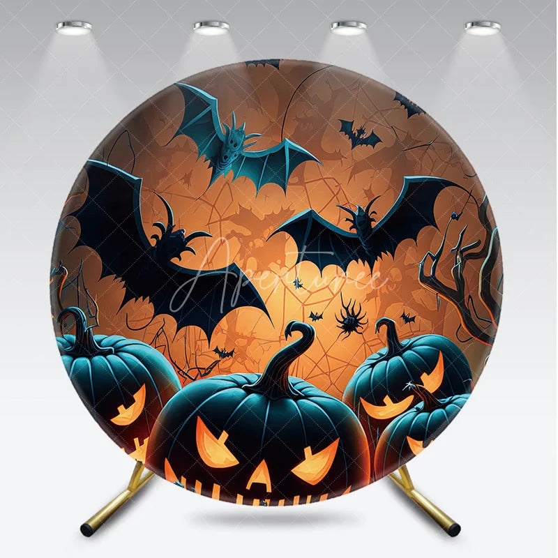 Aperturee - Aperturee Spooky Halloween Jack-o-lanterns and Flying Bats Round Backdrop Eerie Tree Branches Party Decor