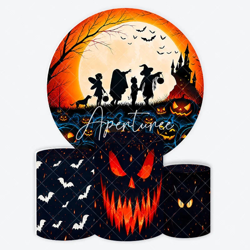 Aperturee - Aperturee Spooky Halloween Moon and Haunted Castle Round Backdrop Kit Trick or Treat Pumpkin Cylinder Pedestal Covers