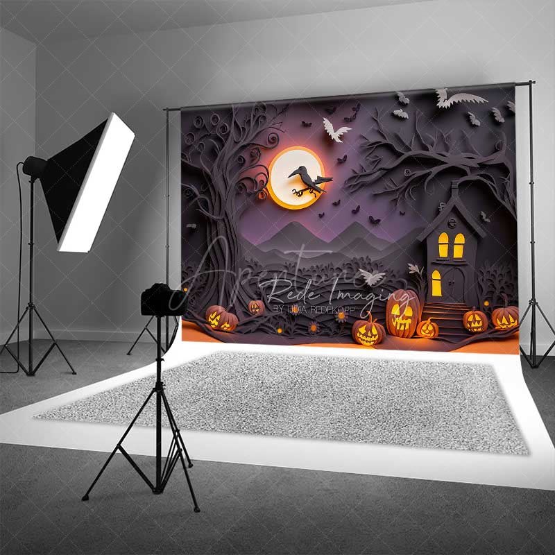 Aperturee Aperturee Spooky Halloween Night Photography Backdrop Haunted House Silhouette with Full Moon Jack O’ Lanterns and Bats