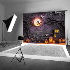 Aperturee Aperturee Spooky Halloween Night Photography Backdrop Haunted House Silhouette with Full Moon Jack O’ Lanterns and Bats