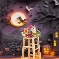 Aperturee Aperturee Spooky Halloween Night Photography Backdrop Haunted House Silhouette with Full Moon Jack O’ Lanterns and Bats