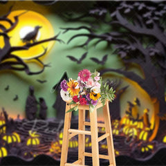 Aperturee Aperturee Spooky Halloween Night Photography Backdrop Paper Cutout Forest Silhouette with Full Moon and Jack O’ Lanterns