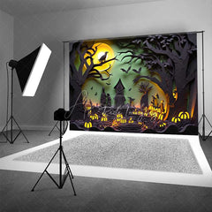 Aperturee Aperturee Spooky Halloween Night Photography Backdrop Paper Cutout Forest Silhouette with Full Moon and Jack O’ Lanterns