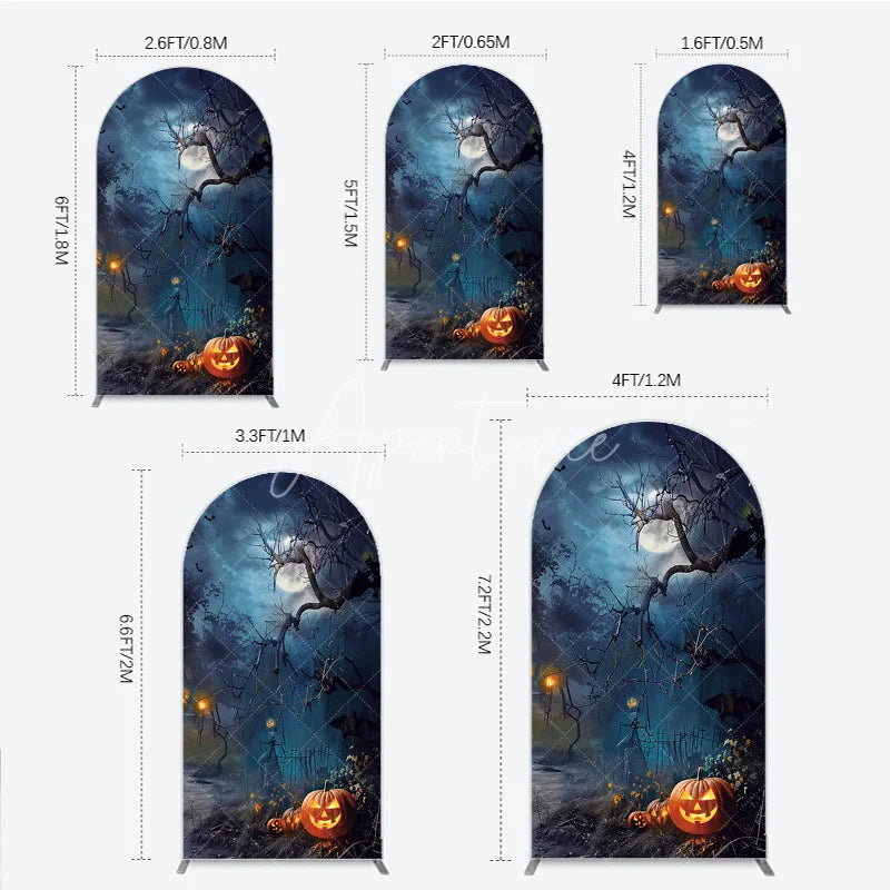 Aperturee - Aperturee Spooky Halloween Night Round Top Arch Backdrop Featuring Jack-o’-lanterns Bare Trees and Flying Bats