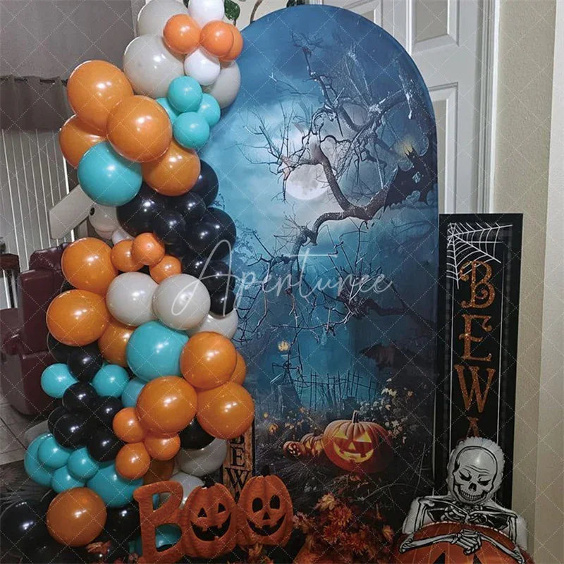 Aperturee - Aperturee Spooky Halloween Night Round Top Arch Backdrop Featuring Jack-o’-lanterns Bare Trees and Flying Bats