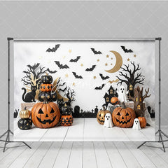 Aperturee - Aperturee Spooky Halloween Photography Backdrop featuring Jack-o-Lanterns Black Cats and Ghosts Festive Party Decor