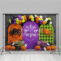 Aperturee - Aperturee Spooky Halloween Photography Backdrop with Spiders Pumpkins Ghosts and Balloon Garland Arched Panels Party