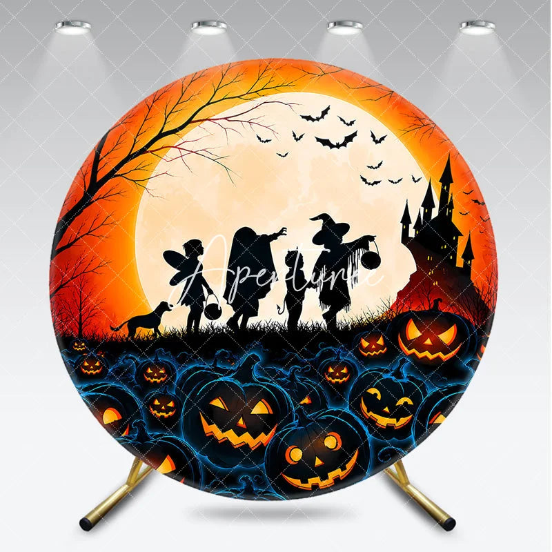 Aperturee - Aperturee Spooky Halloween Pumpkin Patch Round Backdrop Trick or Treating Kids and Haunted Castle Celebration Decor