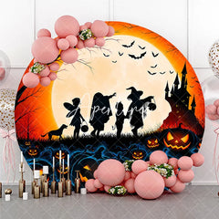 Aperturee - Aperturee Spooky Halloween Pumpkin Patch Round Backdrop Trick or Treating Kids and Haunted Castle Celebration Decor
