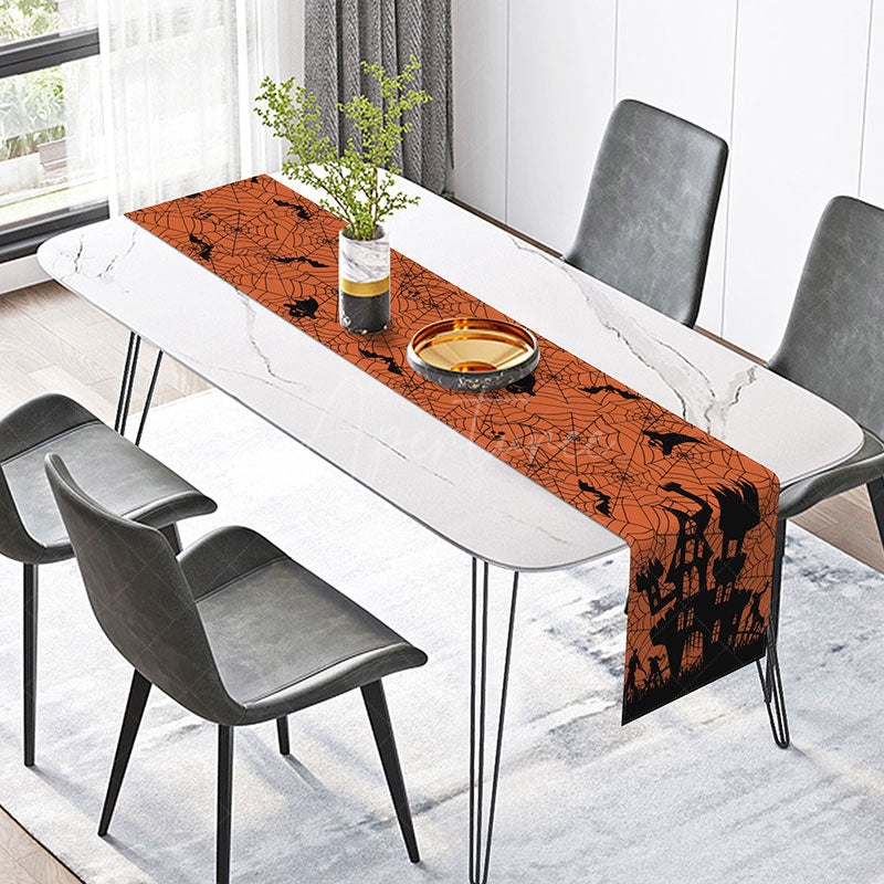 Aperturee - Aperturee Spooky Halloween Table Runner with Spider Bat and Castle Haunted House Vibe Gothic Black and Orange Party Decor
