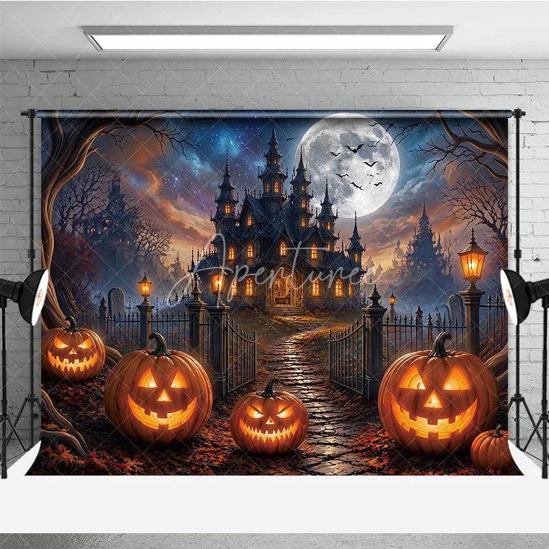 Aperturee - Aperturee Spooky Haunted Castle Holiday Backdrop with Full Moon and Flying Bats Glowing Jack-o’-Lanterns and Autumn Leaves