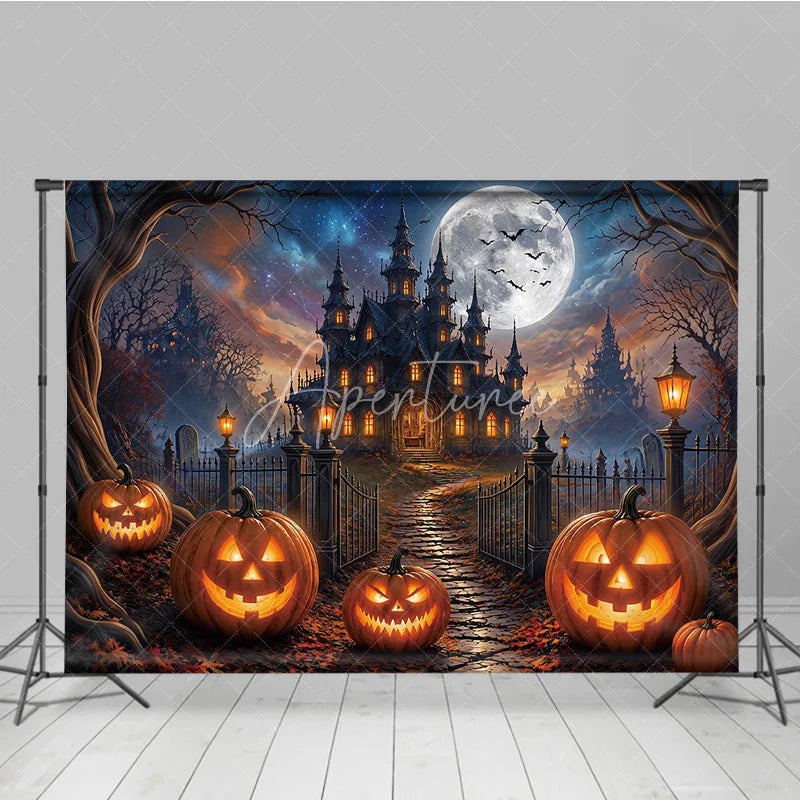Aperturee - Aperturee Spooky Haunted Castle Holiday Backdrop with Full Moon and Flying Bats Glowing Jack-o’-Lanterns and Autumn Leaves
