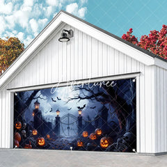Aperturee - Aperturee Spooky Haunted Gate with Jack-o’-Lanterns and Flying Bats Halloween Garage Door Banner Eerie Full Moon Decor
