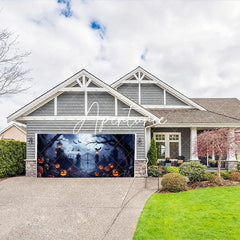 Aperturee - Aperturee Spooky Haunted Gate with Jack-o’-Lanterns and Flying Bats Halloween Garage Door Banner Eerie Full Moon Decor