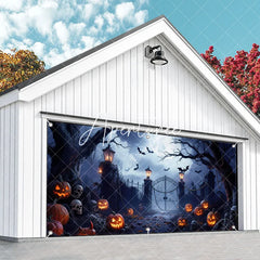 Aperturee - Aperturee Spooky Haunted Gate with Jack-o’-Lanterns and Flying Bats Halloween Garage Door Banner Eerie Full Moon Decor