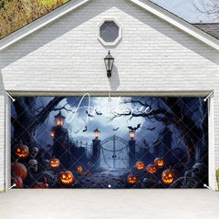 Aperturee - Aperturee Spooky Haunted Gate with Jack-o’-Lanterns and Flying Bats Halloween Garage Door Banner Eerie Full Moon Decor
