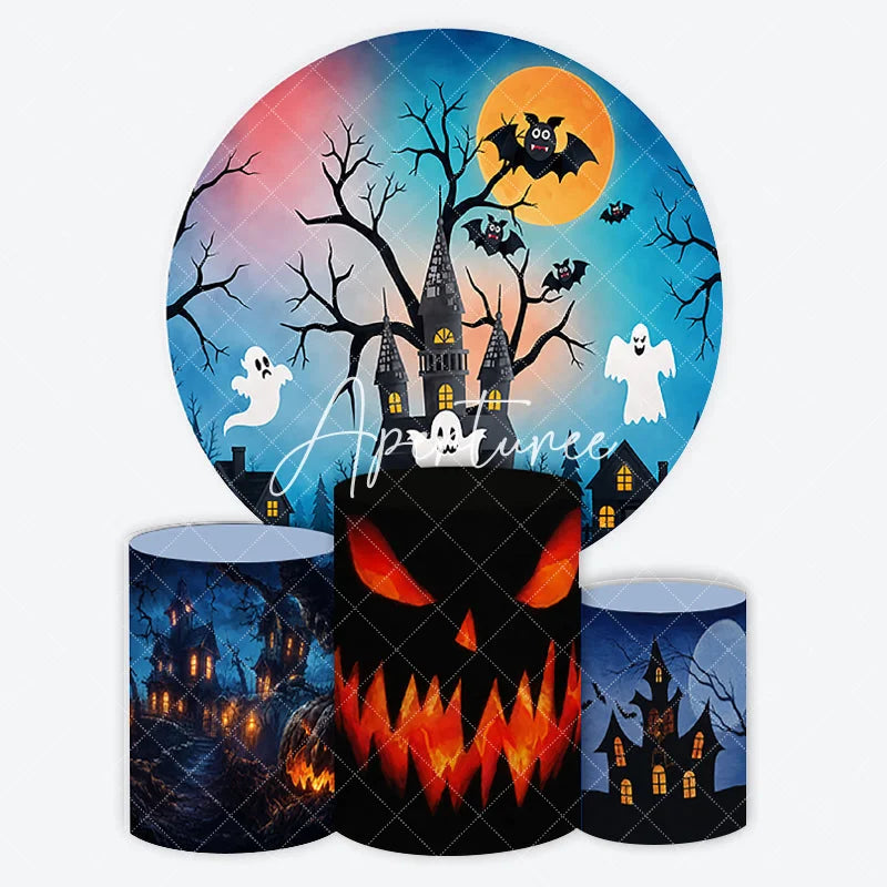 Aperturee - Aperturee Spooky Haunted House and Bats Halloween Round Backdrop Kit with Ghost and Jack-o-Lantern Cylinder Covers