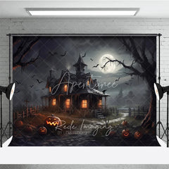 Aperturee - Aperturee Spooky Haunted House and Full Moon Halloween Holiday Backdrop with Flying Bats and Jack-o’-Lanterns