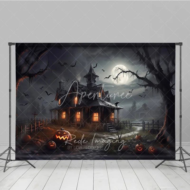 Aperturee - Aperturee Spooky Haunted House and Full Moon Halloween Holiday Backdrop with Flying Bats and Jack-o’-Lanterns