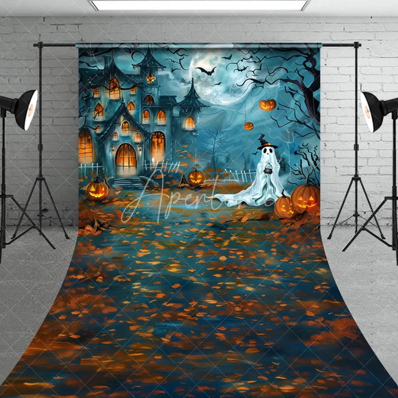 Aperturee - Aperturee Spooky Haunted House and Full Moon Halloween Sweep Backdrop featuring a Ghost Jack-o-Lanterns and Autumn Leaves