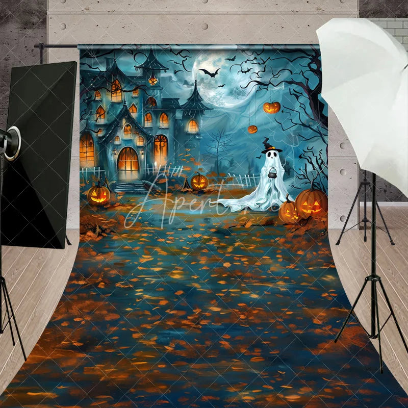 Aperturee - Aperturee Spooky Haunted House and Full Moon Halloween Sweep Backdrop featuring a Ghost Jack-o-Lanterns and Autumn Leaves