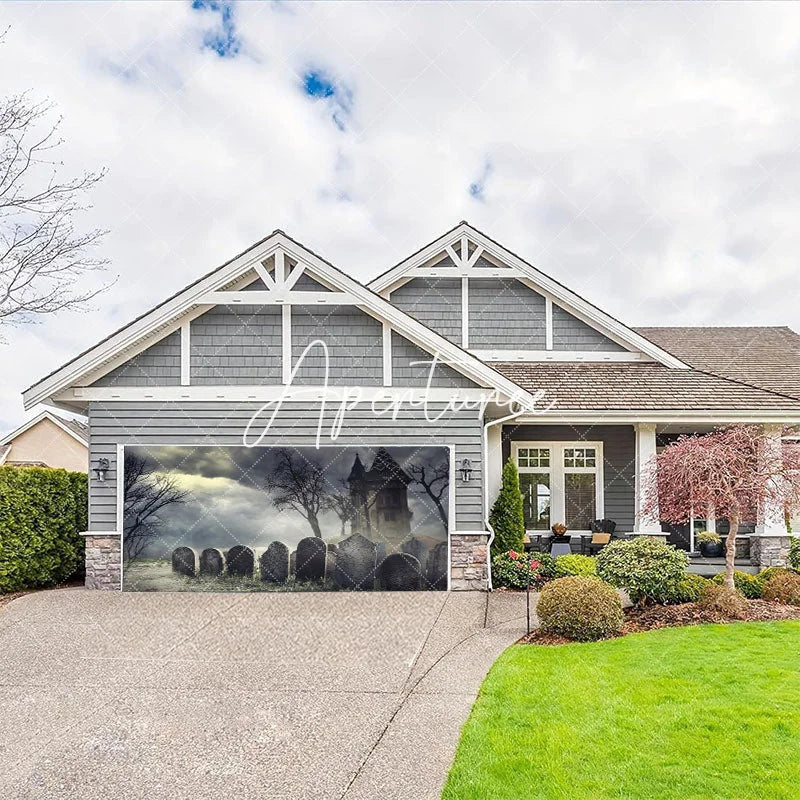 Aperturee - Aperturee Spooky Haunted House and Graveyard Garage Door Banner Eerie Halloween Decor with Bare Trees and Stormy Sky