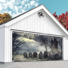 Aperturee - Aperturee Spooky Haunted House and Graveyard Garage Door Banner Eerie Halloween Decor with Bare Trees and Stormy Sky