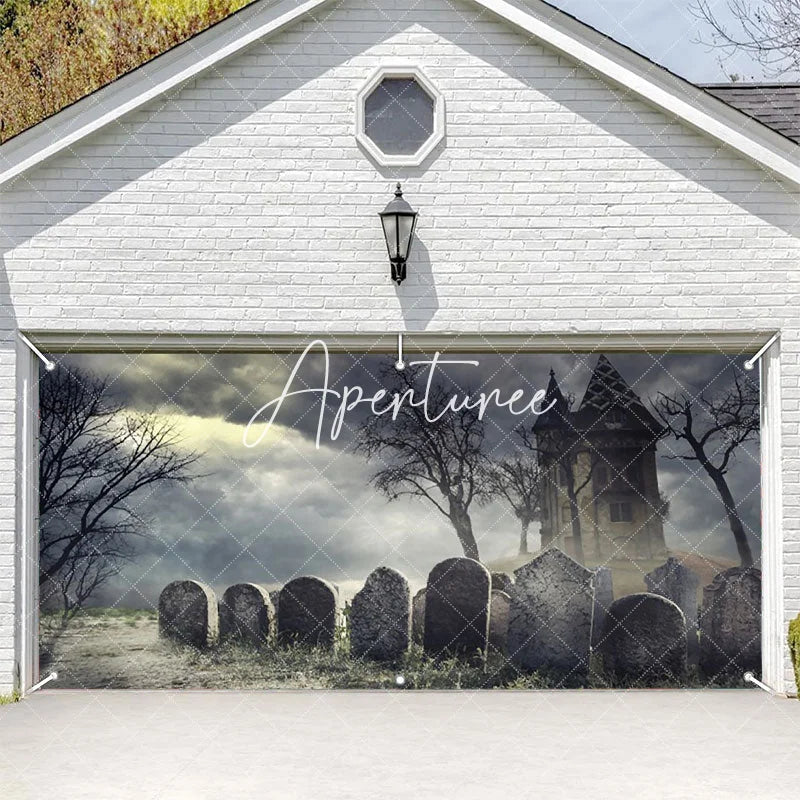 Aperturee - Aperturee Spooky Haunted House and Graveyard Garage Door Banner Eerie Halloween Decor with Bare Trees and Stormy Sky