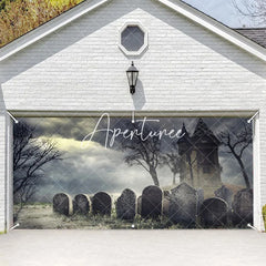 Aperturee - Aperturee Spooky Haunted House and Graveyard Garage Door Banner Eerie Halloween Decor with Bare Trees and Stormy Sky