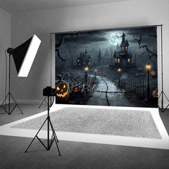 Aperturee Aperturee Spooky Haunted House Photography Backdrop Creepy Village on a Full Moon Night Jack O’ Lanterns and Bats Decor