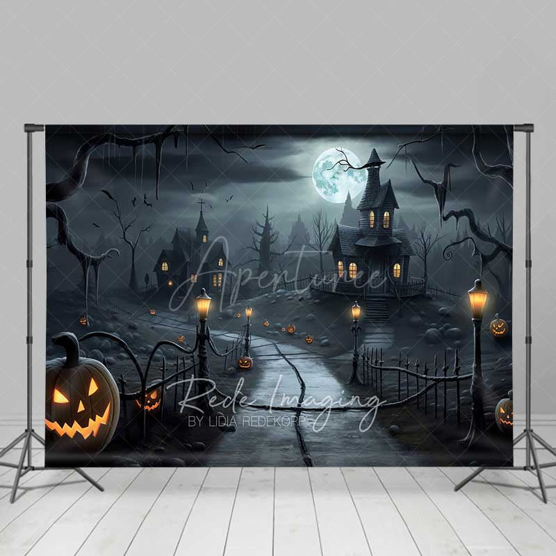 Aperturee Aperturee Spooky Haunted House Photography Backdrop Creepy Village on a Full Moon Night Jack O’ Lanterns and Bats Decor