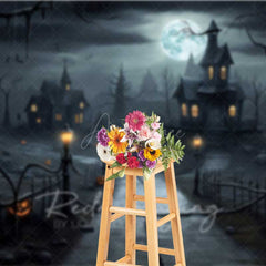 Aperturee Aperturee Spooky Haunted House Photography Backdrop Creepy Village on a Full Moon Night Jack O’ Lanterns and Bats Decor