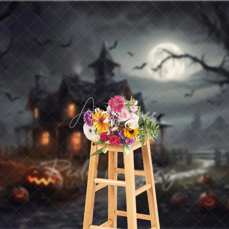 Aperturee - Aperturee Spooky Haunted House Photography Backdrop Full Moon and Bats on a Dark Night Halloween Photo Background