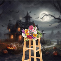 Aperturee - Aperturee Spooky Haunted House Photography Backdrop Full Moon and Bats on a Dark Night Halloween Photo Background