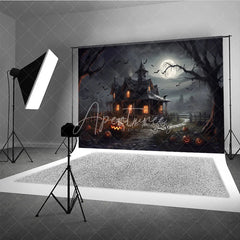 Aperturee - Aperturee Spooky Haunted House Photography Backdrop Full Moon and Bats on a Dark Night Halloween Photo Background