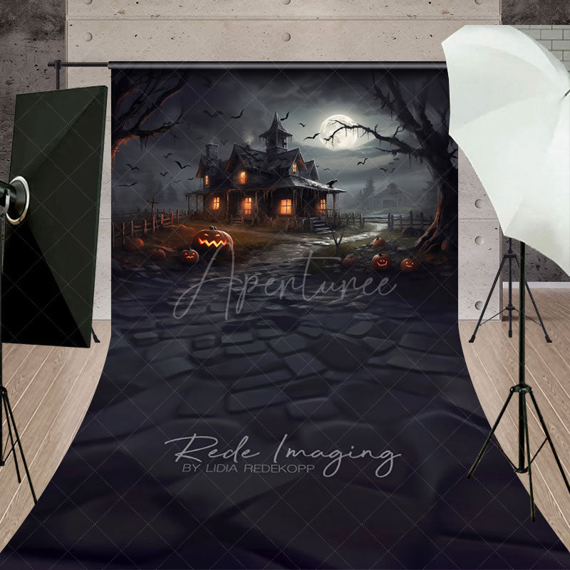 Aperturee - Aperturee Spooky Haunted House Sweep Backdrop Full Moon and Bats on a Dark Night Halloween Photo Studio Floor Drop