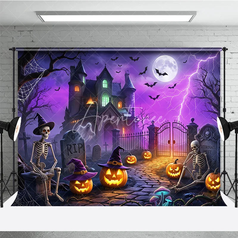 Aperturee - Aperturee Spooky Haunted Mansion Holiday Backdrop with Skeletons Jack-o’-Lanterns and a Glowing Full Moon