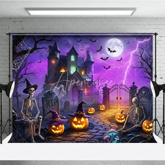 Aperturee - Aperturee Spooky Haunted Mansion Holiday Backdrop with Skeletons Jack-o’-Lanterns and a Glowing Full Moon