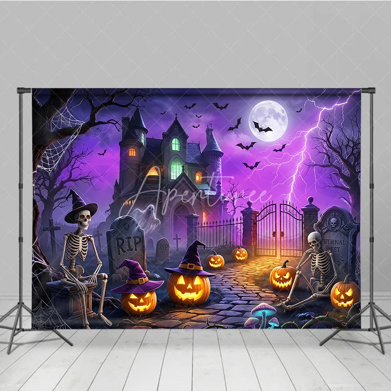 Aperturee - Aperturee Spooky Haunted Mansion Holiday Backdrop with Skeletons Jack-o’-Lanterns and a Glowing Full Moon
